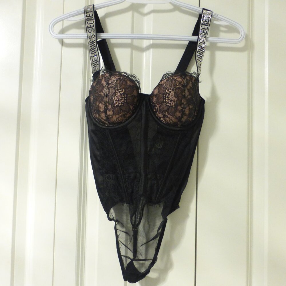 VICTORIA'S SECRET bling shine strap black nude lace and mesh teddy